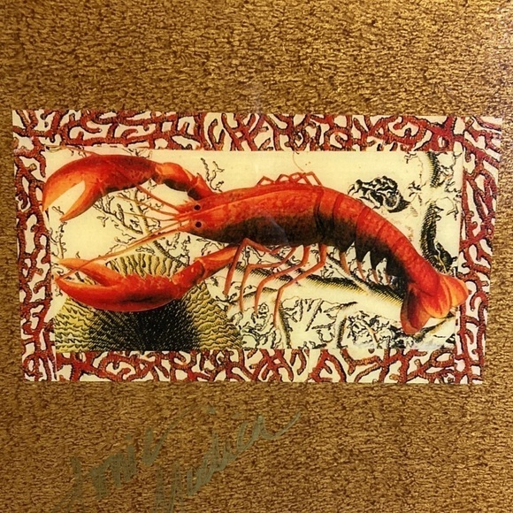 Annie Modica Signed Lobster Coral Stripe Decoupage Style Handle Tray Artisan - Picture 2 of 16